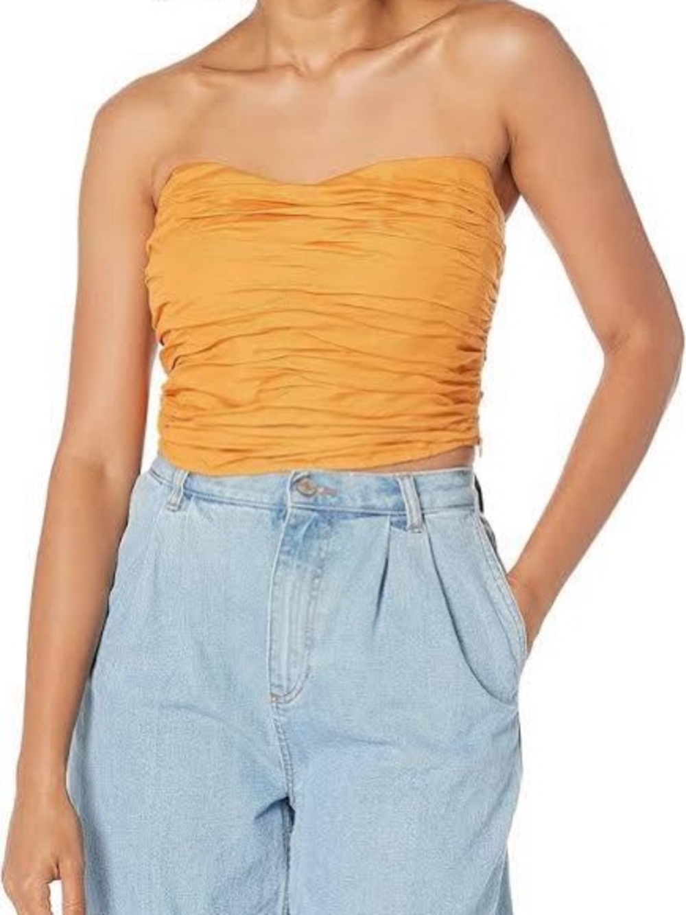 ASTR Gathered Strapless Crop Top in Mustard